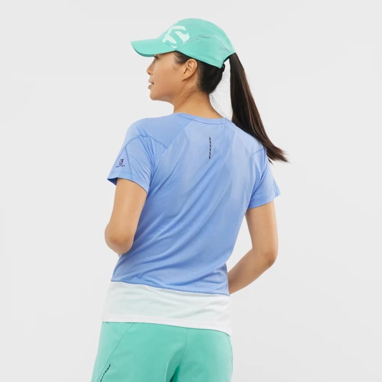 Camiseta Salomon Cross Run Estampados Corta Sleeve Mujer Azules Claro | MX FITN307